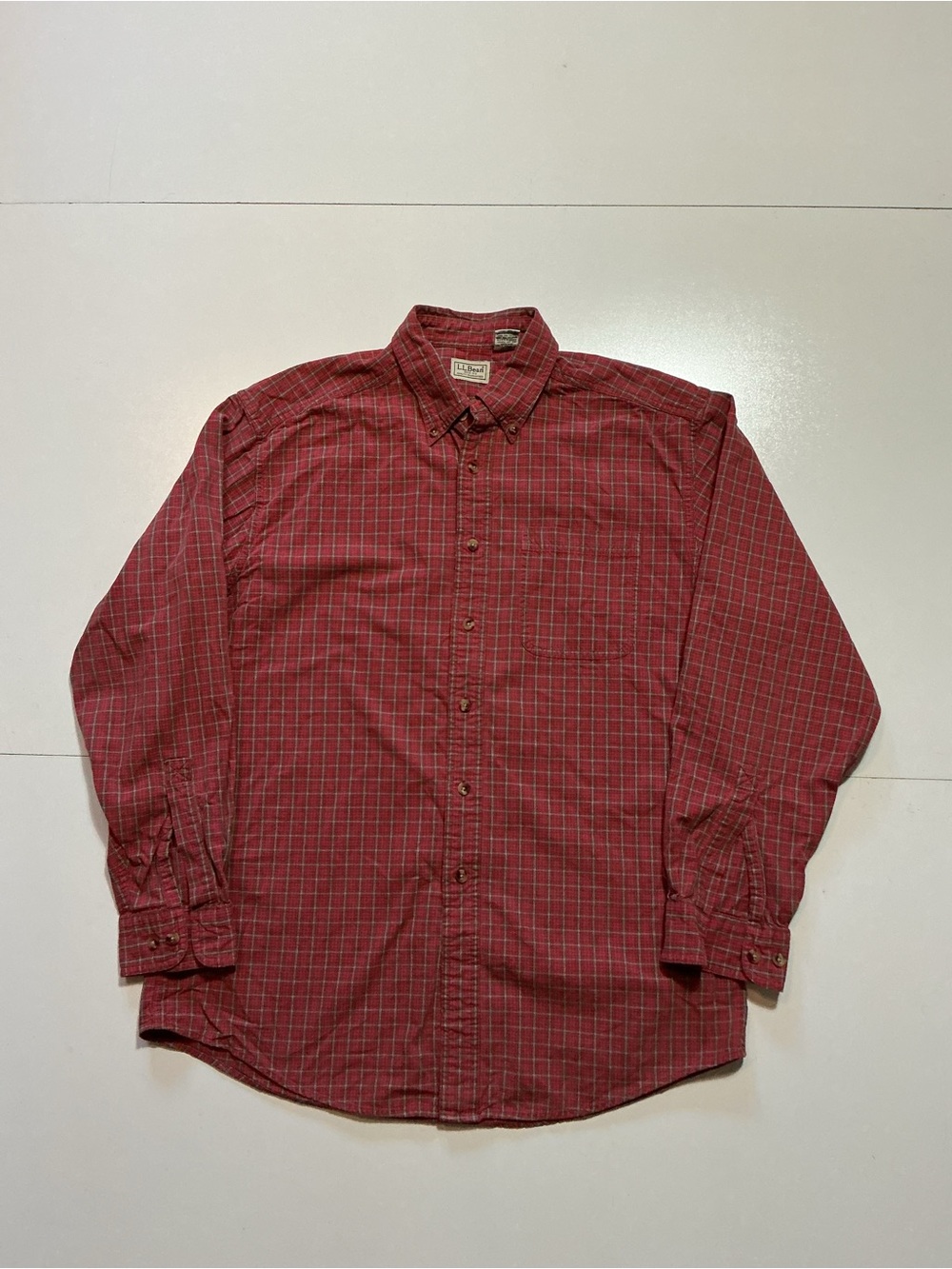 L.L. Bean Red Plaid Button Front 100% Cotton Long Sleeve Men's Shirt